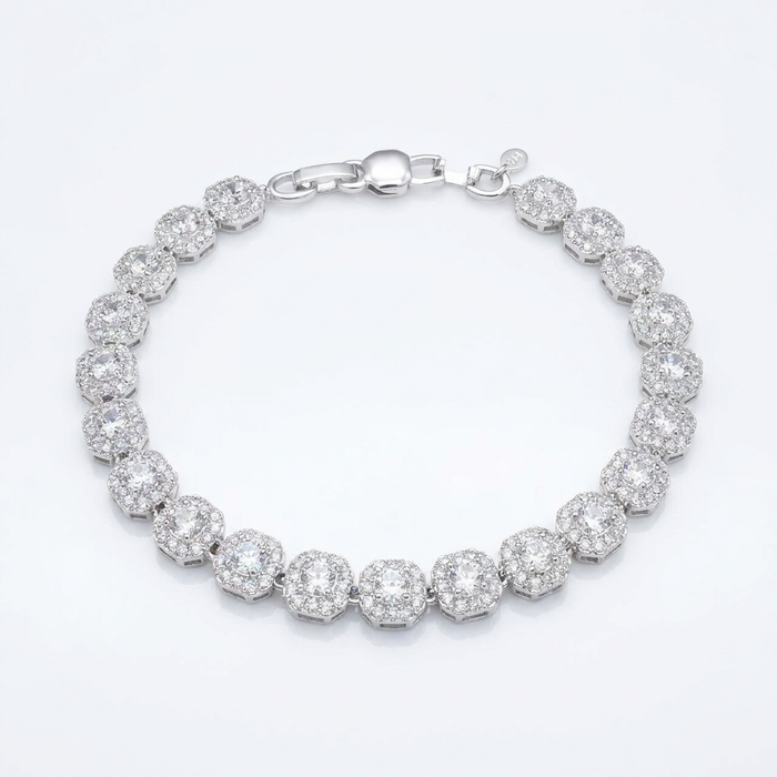 Pulsera Tennis Halo Plata 925 - 5mm: pulsera tennis de circones en racimos con halo, otro ángulo
