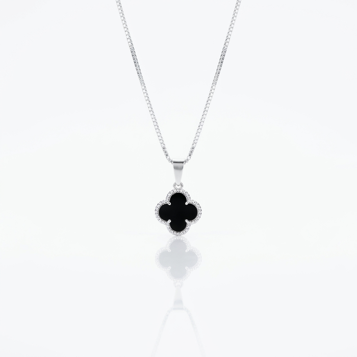 Collar Van Cleef Noir Mini Plata 925: trébol negro con borde de circones