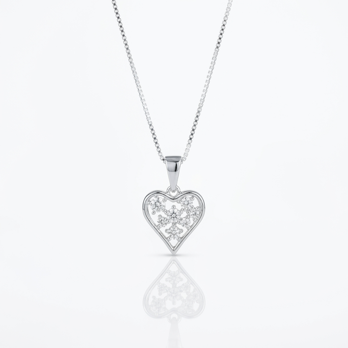 Collar Corazón Floral Plata 925: corazón calado con flores de circones