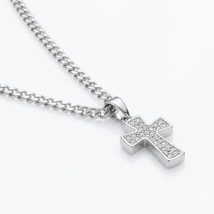 Collar Cruz de Luz Plata 925: cruz cubierta de micro circones, otro ángulo