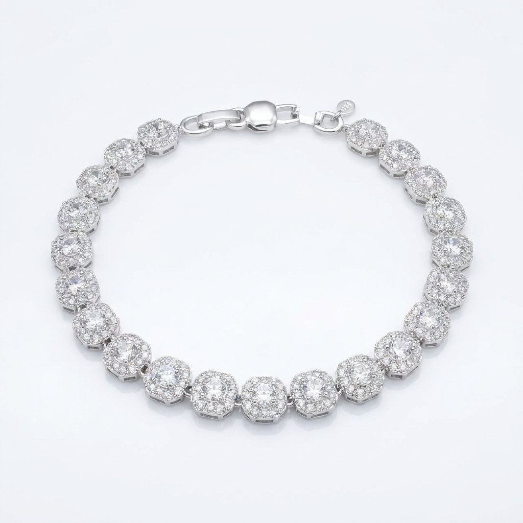 Pulsera Tennis Halo Plata 925 - 5mm: pulsera tennis de circones en racimos con halo, otro ángulo