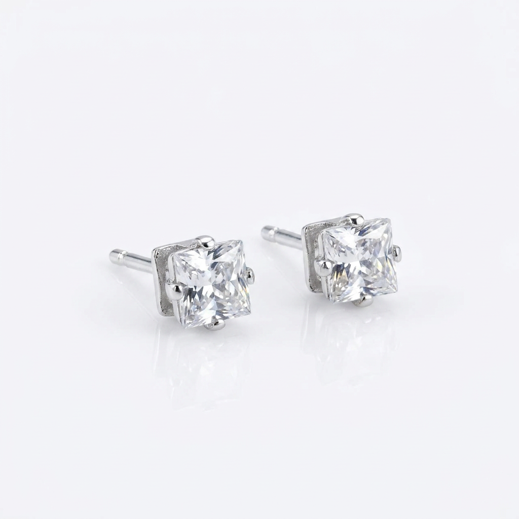 Aros Solitario Cuadrado - Plata 925: aros con circón cuadrado solitario