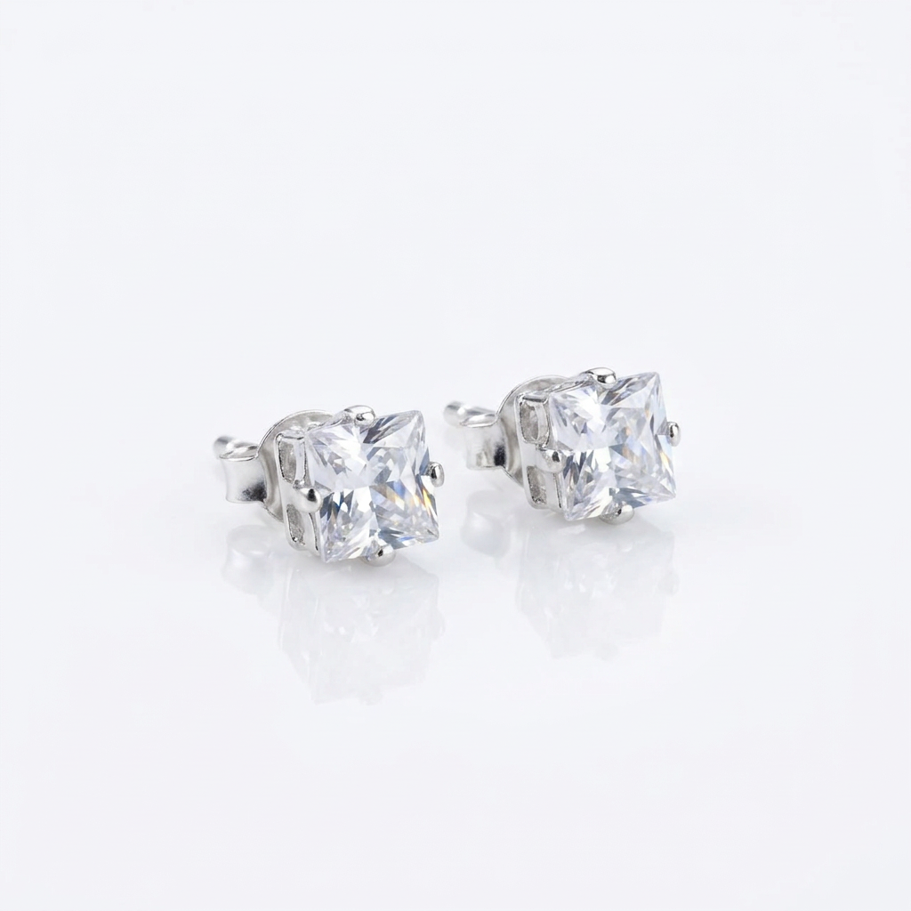 Aros Solitario Cuadrado - Plata 925: aros con circón cuadrado solitario, otro ángulo