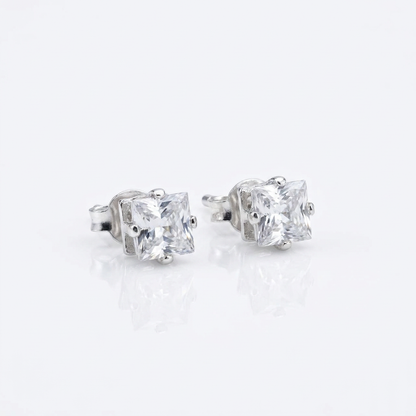 Aros Solitario Cuadrado - Plata 925: aros con circón cuadrado solitario, otro ángulo