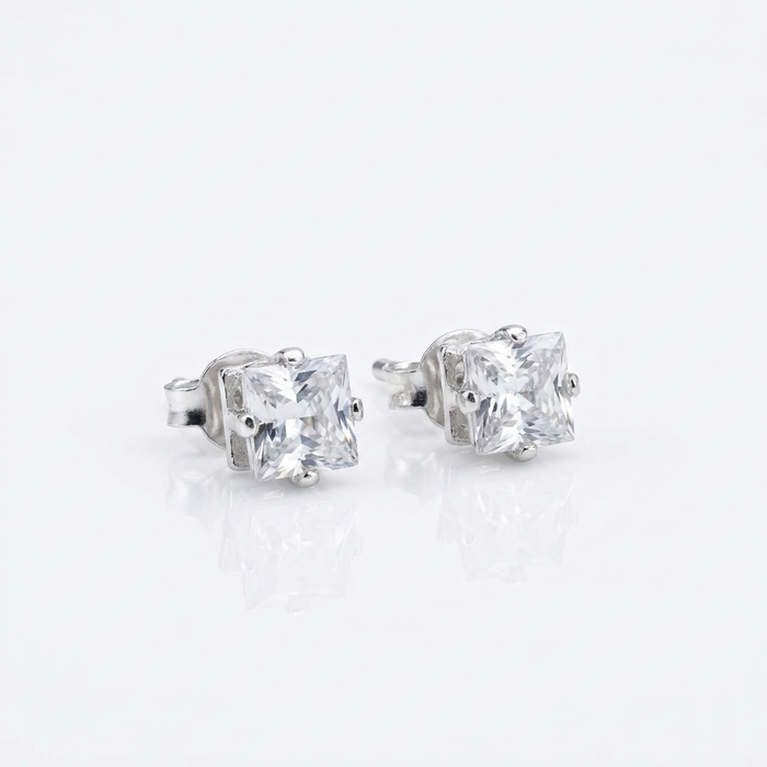 Aros Solitario Cuadrado - Plata 925: aros con circón cuadrado solitario, otro ángulo