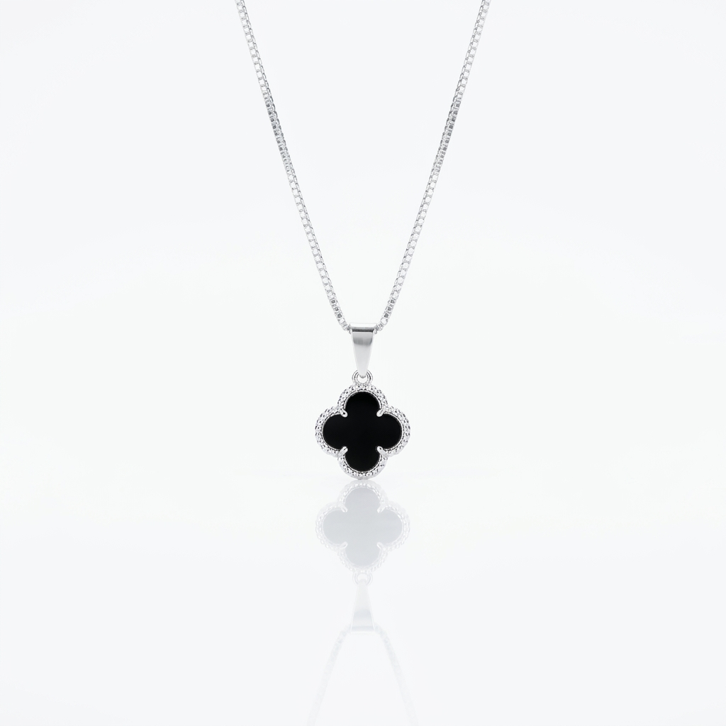 Collar Van Cleef Noir Mini Plata 925: trébol negro con borde de circones