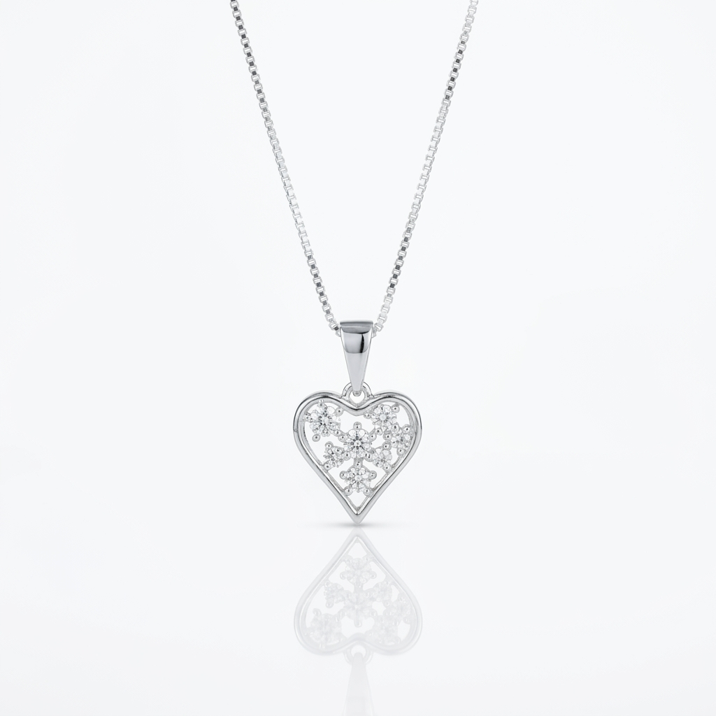 Collar Corazón Floral Plata 925: corazón calado con flores de circones