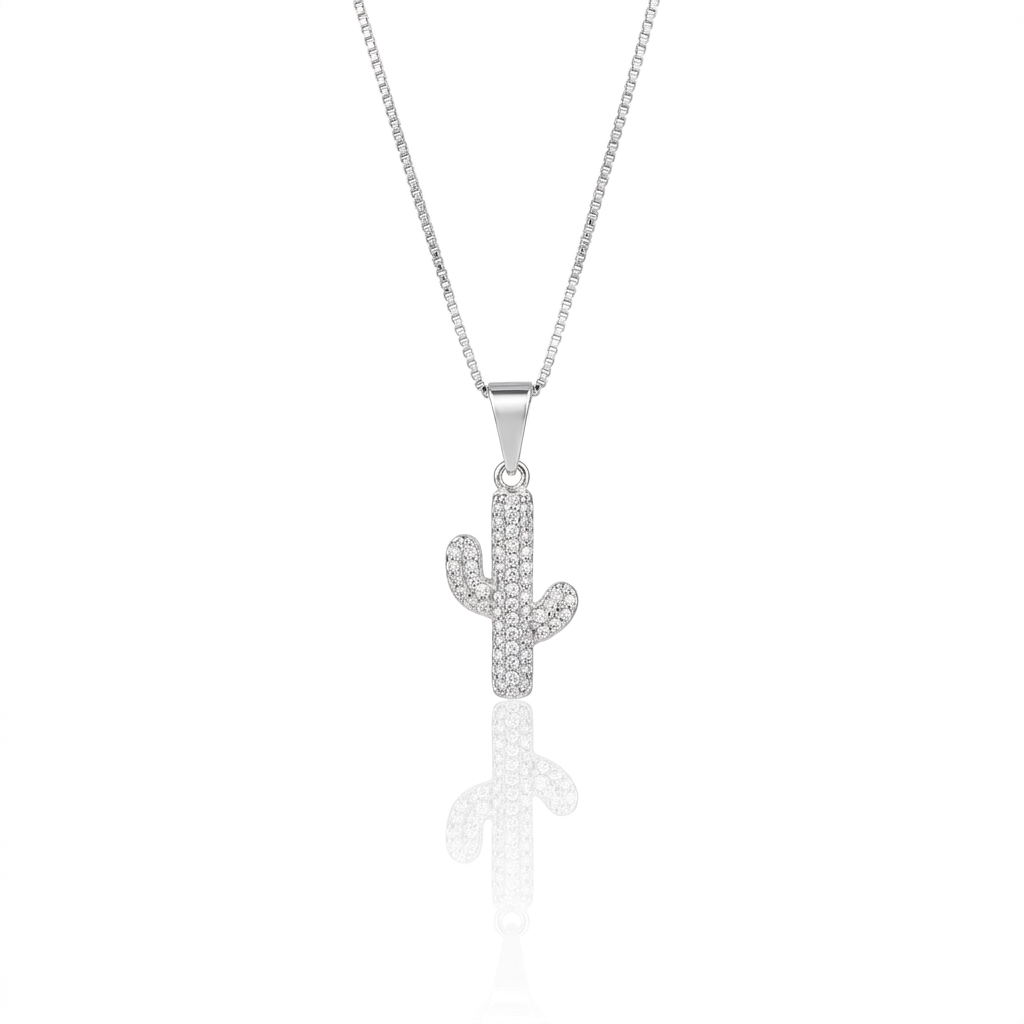 Collar Cactus con circones Plata 925: dije de cactus cubierto de circones, otro ángulo